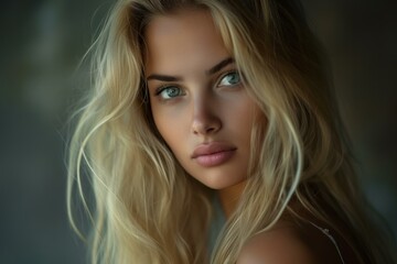 Naklejka premium Soft-focus portrait of a young woman with captivating green eyes and blonde hair