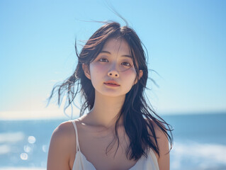 Naklejka premium 白いワンピースを着た女性のポートレート