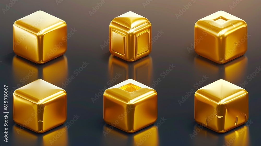 Poster 3d gold cube in front and perspective views. modern realistic set of yellow metal cubic blocks with 