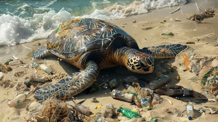 Sea Turtle on Beach Surrounded by Plastic Waste and Pollution