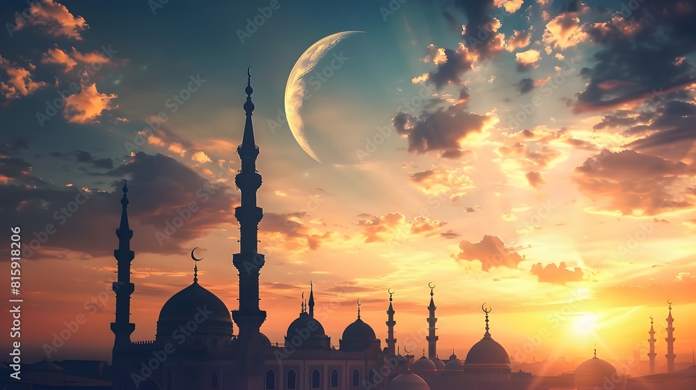 Wall mural silhouette of mosque in sunset