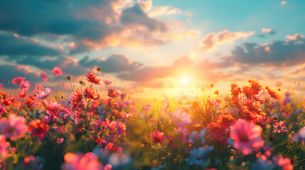 Vibrant Fields of Wildflowers in Full Bloom: Summer Nature Photo realistic Concept Under Sunny Sky with Copyspace