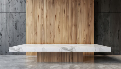 floating marble shelf against a textured wooden and dark marble wall in a sophisticated setting