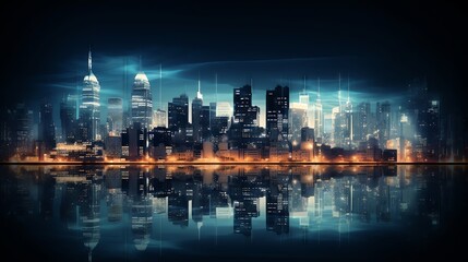 Nighttime cityscape close up, focus on, copy space Glowing and dynamic Double exposure silhouette with skyscrapers.