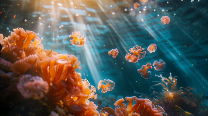 Sunlight illuminates jellyfish swimming near vibrant orange coral in a clear blue ocean. - Powered by Adobe