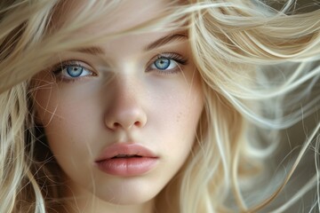 Naklejka premium Close-up portrait of a woman with stunning blue eyes and flowing blonde hair