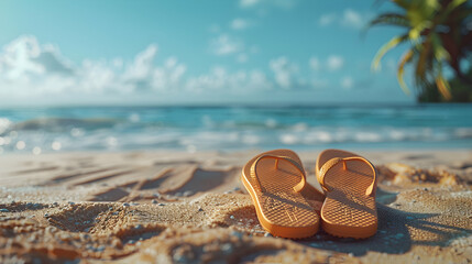 Carefree Summer Vibes: Photo Realistic Flip Flops in the Sand with Beach Background, Ample Copyspace for Text