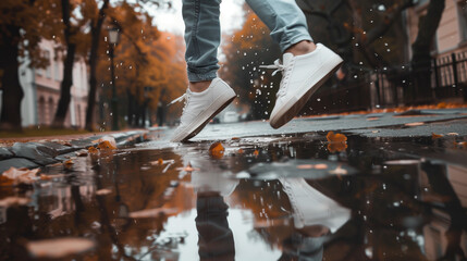 Close-up of feet jumping over a puddle on a wet autumn street, with fallen leaves and reflections. - Powered by Adobe