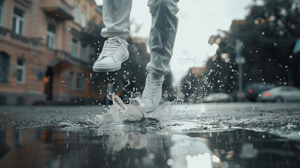 Close-up of a person's feet splashing in a puddle on a city street, capturing dynamic water droplets and urban background. - Powered by Adobe