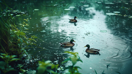 Three ducks swimming in a serene pond with lily pads, surrounded by lush greenery.