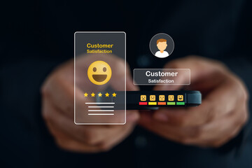 User give rating to service excellent experience on smartphone application, Client evaluate quality of service reputation ranking of business. Customer review satisfaction feedback survey concept.