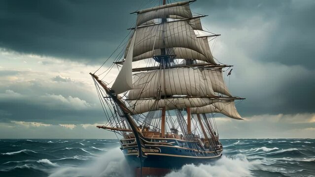 Video animation of multi masted sailing ship navigating through turbulent ocean waters under a stormy sky. 
