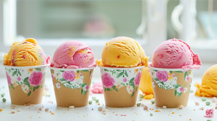 floral cups filled with colorful ice cream scoops, sprinkled with crumbs on a bright day