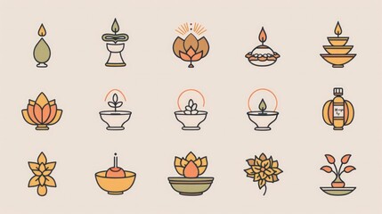 Envision the serene beauty of a spiritual practices icon set, with thin line color illustrations representing calm retreats and aroma stress relief, all on a pristine white background.