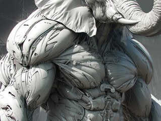 A highly detailed digital painting of a muscular elephant-headed humanoid wearing a white bodysuit with black stripes.