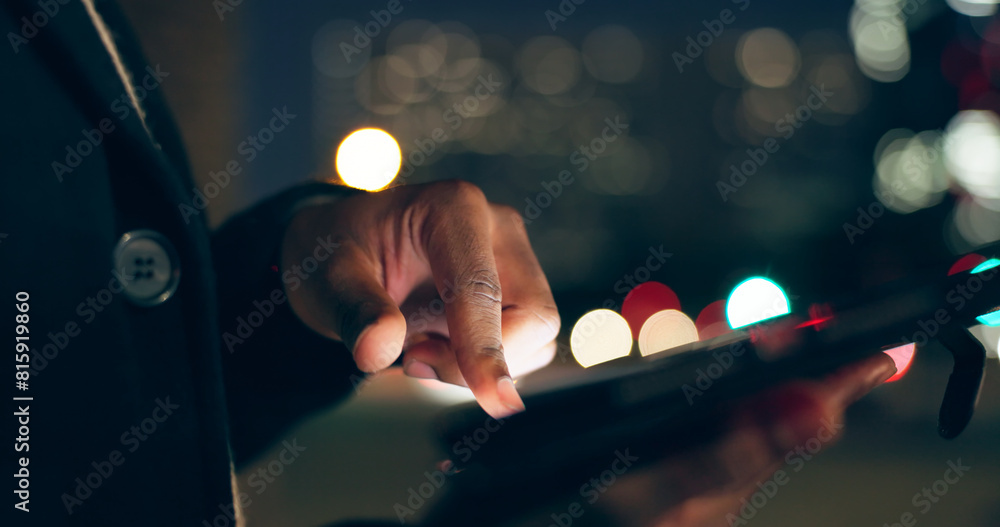 Poster night, man and finger on tablet in city for communication, social media or browsing on website. male