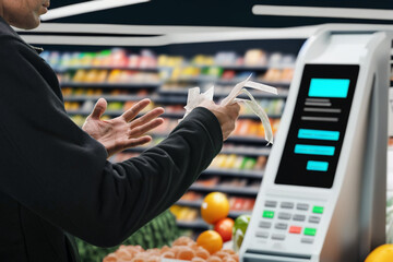 Surprised man checking grocery receipt printed at self service terminal in supermarket. Efficient...