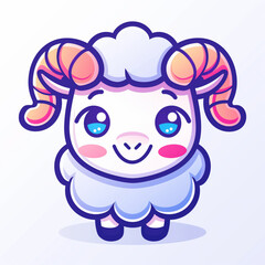 Fototapeta premium Aries The ram 2d sign , This is an adorable cartoon illustration of a smiling sheep with pink cheeks and blue eyes. It has light orange horns and a fluffy white coat. isolated.