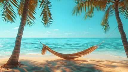 Serene Hammock Between Palm Trees on Sunny Beach: Ultimate Relaxation and Tranquility in Summer   Photo Realistic Concept with Copyspace