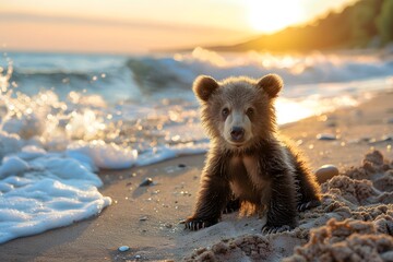 a cute bear is on the beach