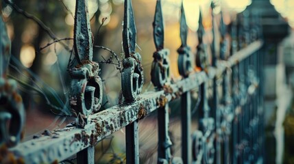 Close up of an old iron fence in vintage style on a blurry background