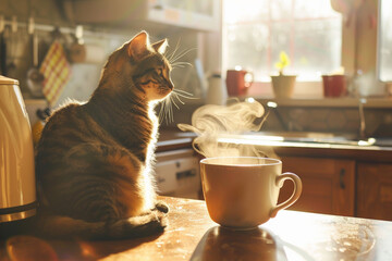American shorthair pet cat sitting on kitchen countertop next to steaming cup of coffee or tea in ceramic mug and tea kettle in the morning sunlight, Generative AI