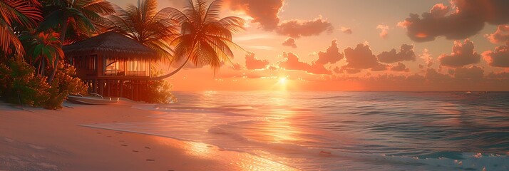 Little rotan beach lounge house on a white tropical beach with beautiful sun set view in a orange glowing setting with sun flare and Palm tree realistic nature and landscape - Powered by Adobe