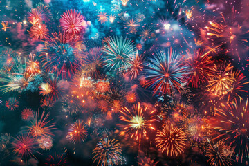 Fototapeta premium A spectacular fireworks display illuminating the night sky with bursts of color, sparkle, and brilliance, painting the darkness with vibrant patterns and cascading showers of light.