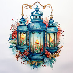 Watercolor lantern with christmas ornaments