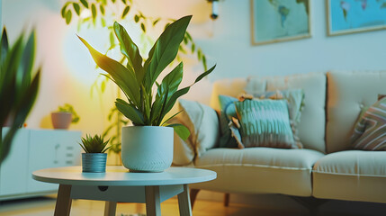 Modern retro concept of home interior with design sofa armchair coffee table plants mock up poster map carpet and personal accessoreis Stylish home decor of living room : Generative AI