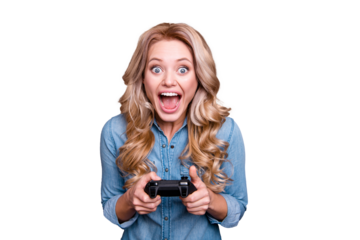 Close-up portrait of her she nice cute lovely charming attractive cheerful wavy-haired lady wearing blue shirt fan playing game win winner opened mouth isolated over gray background