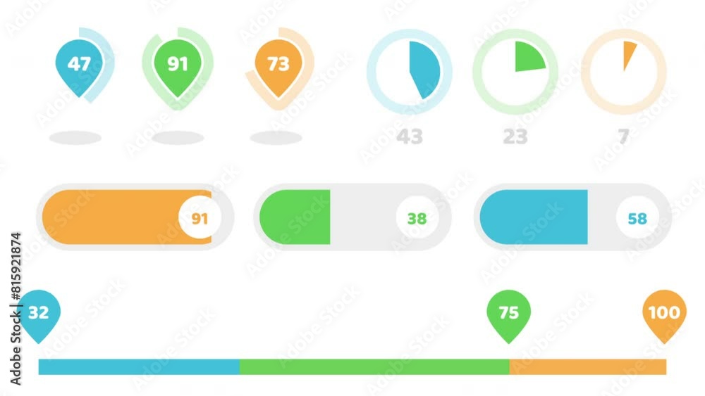 Poster set of animated progress steps with loading pointer, bars and pie charts. development infographics, 