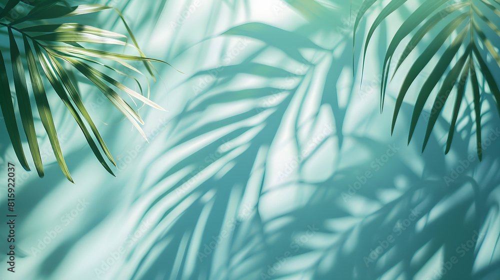 Poster blurred shadow from palm leaves on the light blue wall minimal abstract background for product prese