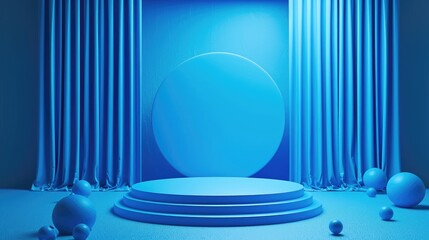Blue pastel round stage exhibition platform podium display near curtain with blue spheres decoration on blue circle wall background for product presentation