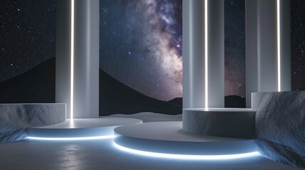 Cylinders gray stand pedestal podium display with neon light and pillar backdrop on Milkyway sky background. 3D mockup for product showcase