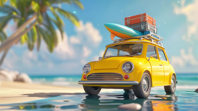 A yellow retro car with a surfboard and luggage on the roof, driving along a tropical beach in the style of a summer vacation travel concept, 3d render style
