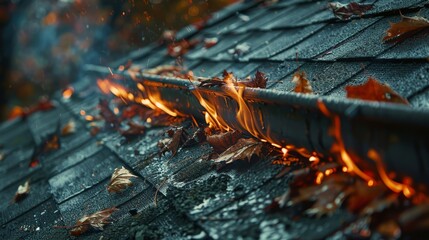 Close-up of fiery leaves burning in a home's roof gutters, dramatic and urgent, ideal for awareness campaigns