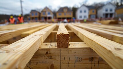 Close-up of a wood frame house construction, showing early building stages with workers and tools, raw style at a construction site