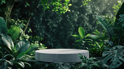 A simple empty concrete round grey platform on a dark rock with green tropical plants floral background. Mockup pedestal product presentation