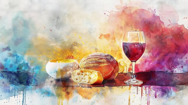 abstract watercolor painting of eucharistic symbols bread and wine on table expressing spiritual significance digital watercolor painting