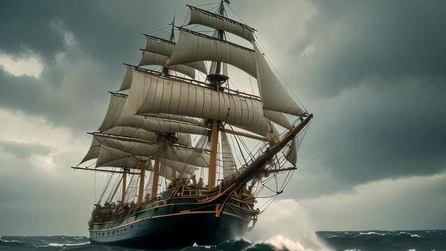 Video animation of  large sailing ship with multiple sails unfurled, navigating through stormy seas. The sky is overcast with dark clouds, suggesting an impending or ongoing storm