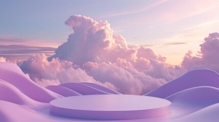 Perfect round pink platform podium display with wave overlap floor on dreamy pink clouds sky background for display product