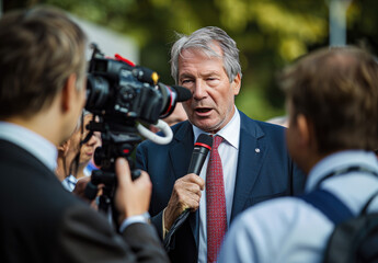 A middle-aged man in a suit and tie is being interviewed by TV news photographers at the conference hall