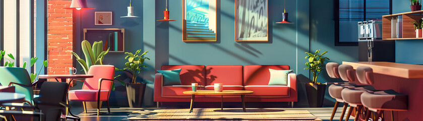 Coworking Space Lounge Area: Showing comfortable seating, collaborative workspaces, coffee stations, and freelancers networking