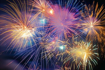 Fototapeta premium A spectacular fireworks display illuminating the night sky with bursts of color, sparkle, and brilliance, painting the darkness with vibrant patterns and cascading showers of light.