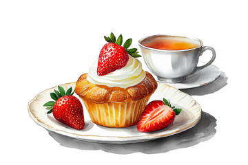 苺とクリームのカップケーキと紅茶のイラスト　白背景の切り抜き