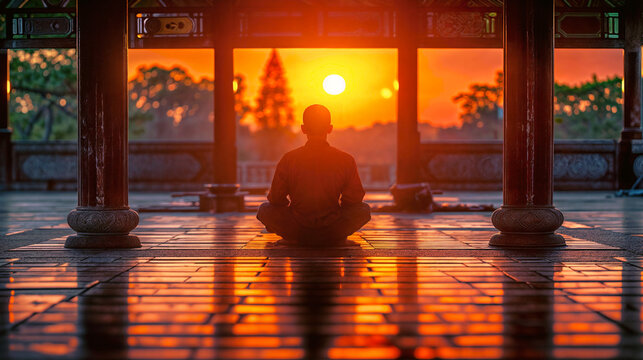 morning meditation of a tibetan monk in his temple at sunrise.