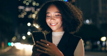 Woman, cellphone and laughing city night with bokeh lights for downtown travel, social media or...