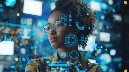 african american female cybersecurity specialist analyzing data concept of ai and it security digital collage