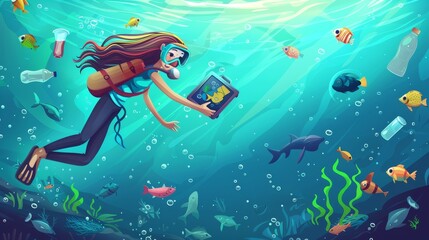 The cartoon modern illustration shows a diver girl helping underwater animals living in polluted water with plastic garbage. Saving our oceans, pollution concepts, saving the environment.